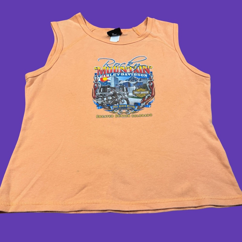 Harley Davidson Womens Large Tank Top Orange Denver Rocky Mountain Biker USA Y2K
